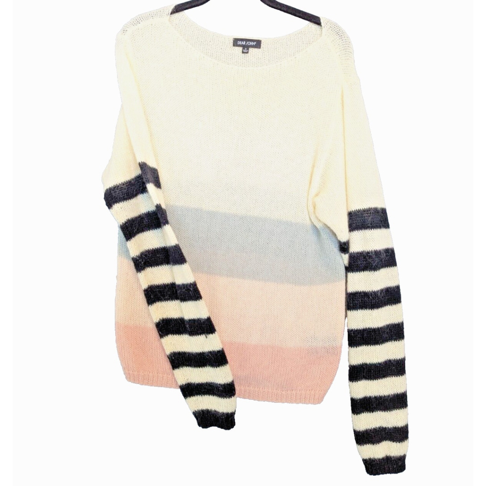 Dear John Sweater Womens Small Cream Mohair Wool Blend Crewneck Pullover Striped